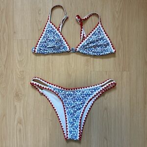 Agua Bendita style White & Blue Floral Bikini with Red Trim